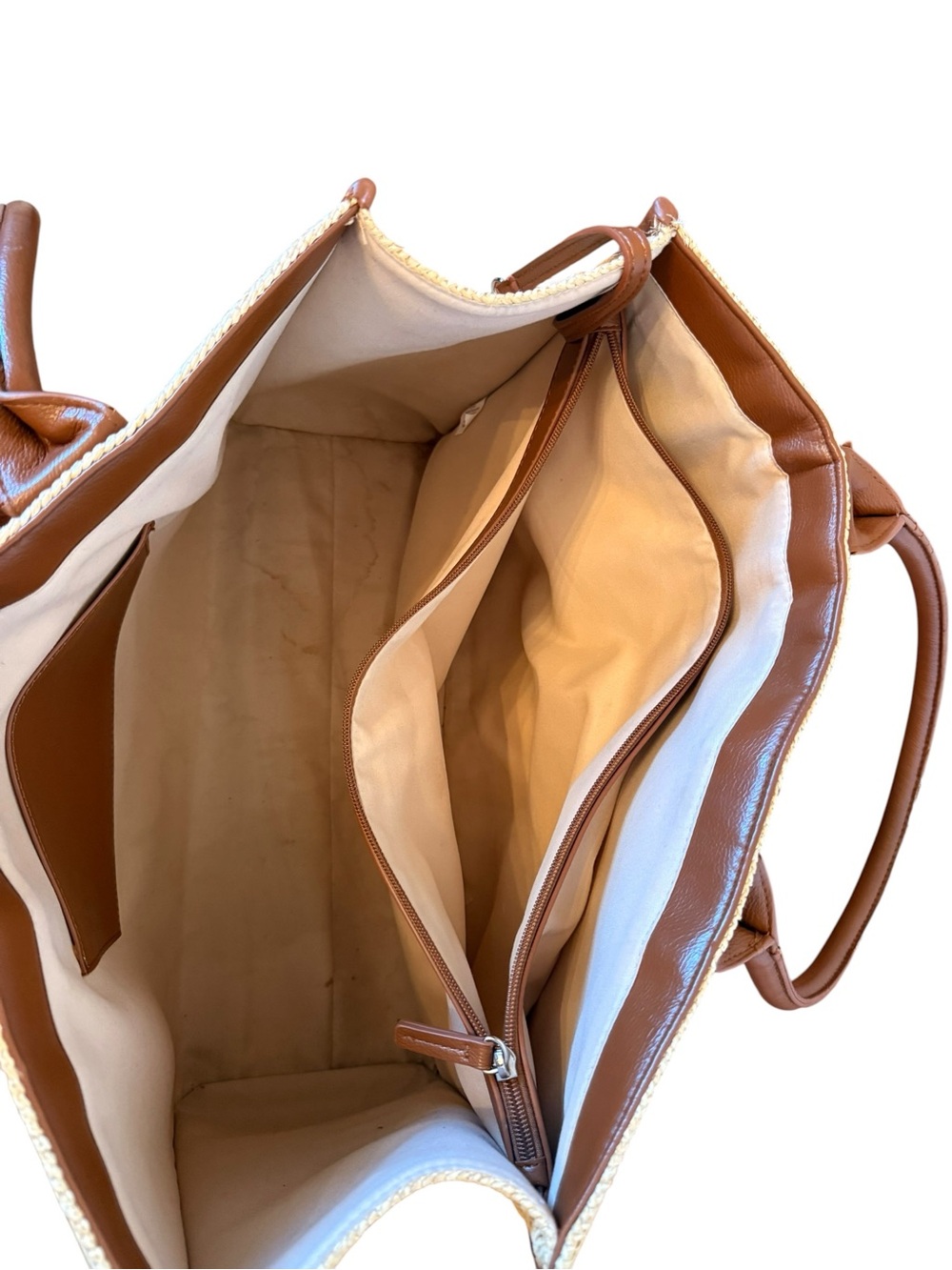 BCBG Two-Tone Straw Tote with Brown Leather Accents and room for laptop - Picture 6 of 7